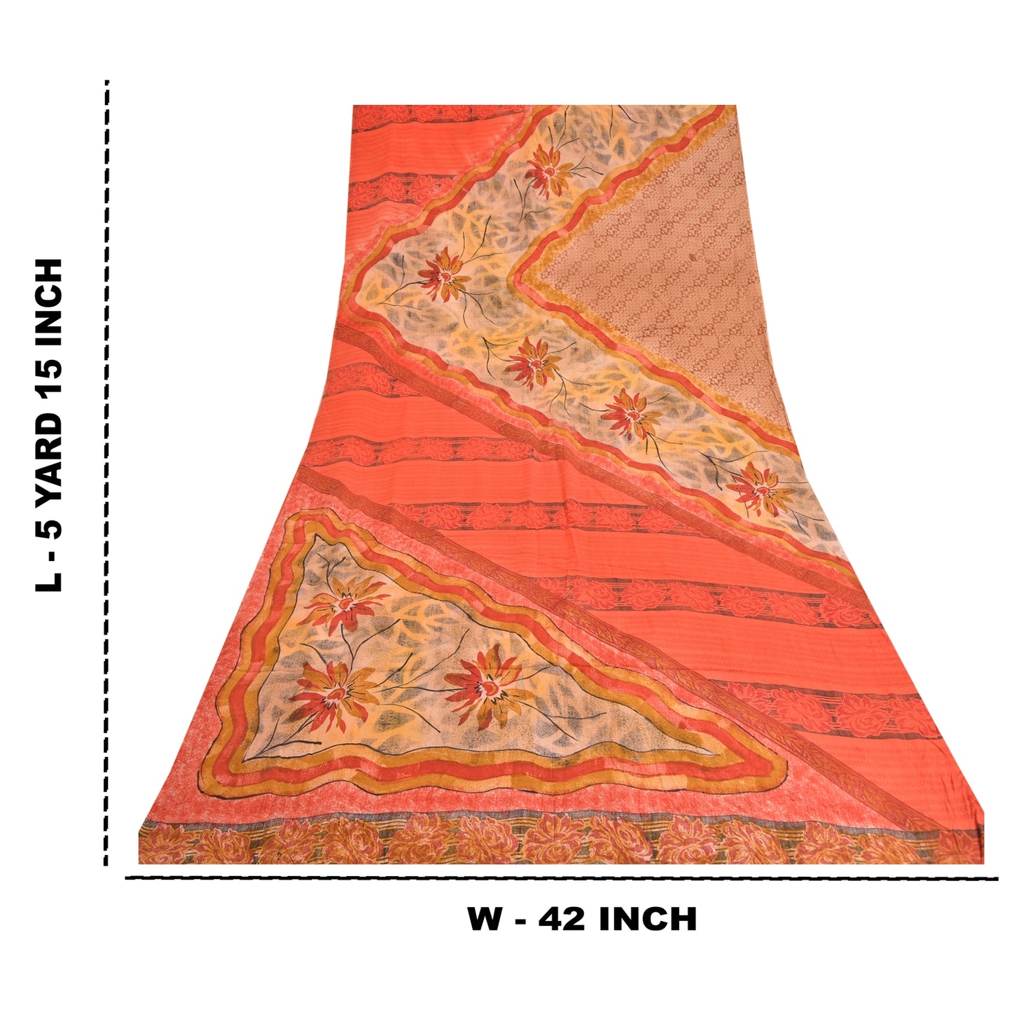 Sanskriti Vintage Sarees Red/Peach Pure Crepe Silk Printed Sari 5yd Craft Sustainable Fabric