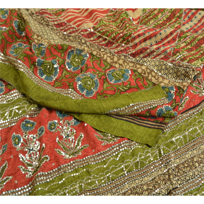 Sanskriti Vintage Sarees Red/Green Hand Beaded Pure Crepe Silk Print Sari Sustainable Fabric