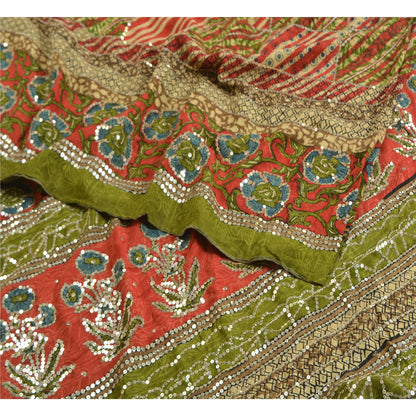 Sanskriti Vintage Sarees Red/Green Hand Beaded Pure Crepe Silk Print Sari Sustainable Fabric