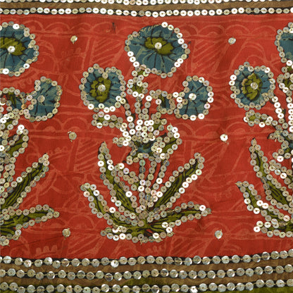 Sanskriti Vintage Sarees Red/Green Hand Beaded Pure Crepe Silk Print Sari Sustainable Fabric