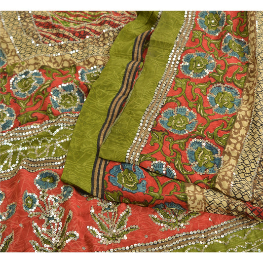 Sanskriti Vintage Sarees Red/Green Hand Beaded Pure Crepe Silk Print Sari Sustainable Fabric