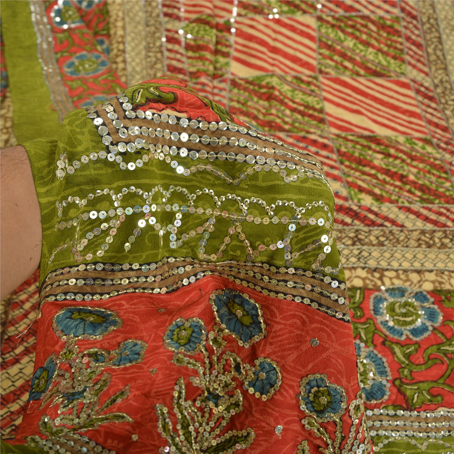 Sanskriti Vintage Sarees Red/Green Hand Beaded Pure Crepe Silk Print Sari Sustainable Fabric