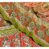 Sanskriti Vintage Sarees Red/Green Hand Beaded Pure Crepe Silk Print Sari Sustainable Fabric