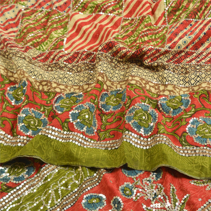 Sanskriti Vintage Sarees Red/Green Hand Beaded Pure Crepe Silk Print Sari Sustainable Fabric