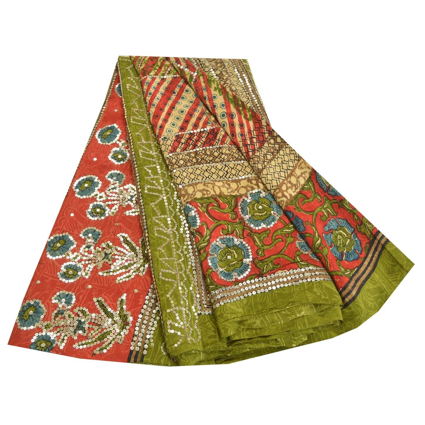 Sanskriti Vintage Sarees Red/Green Hand Beaded Pure Crepe Silk Print Sari Sustainable Fabric