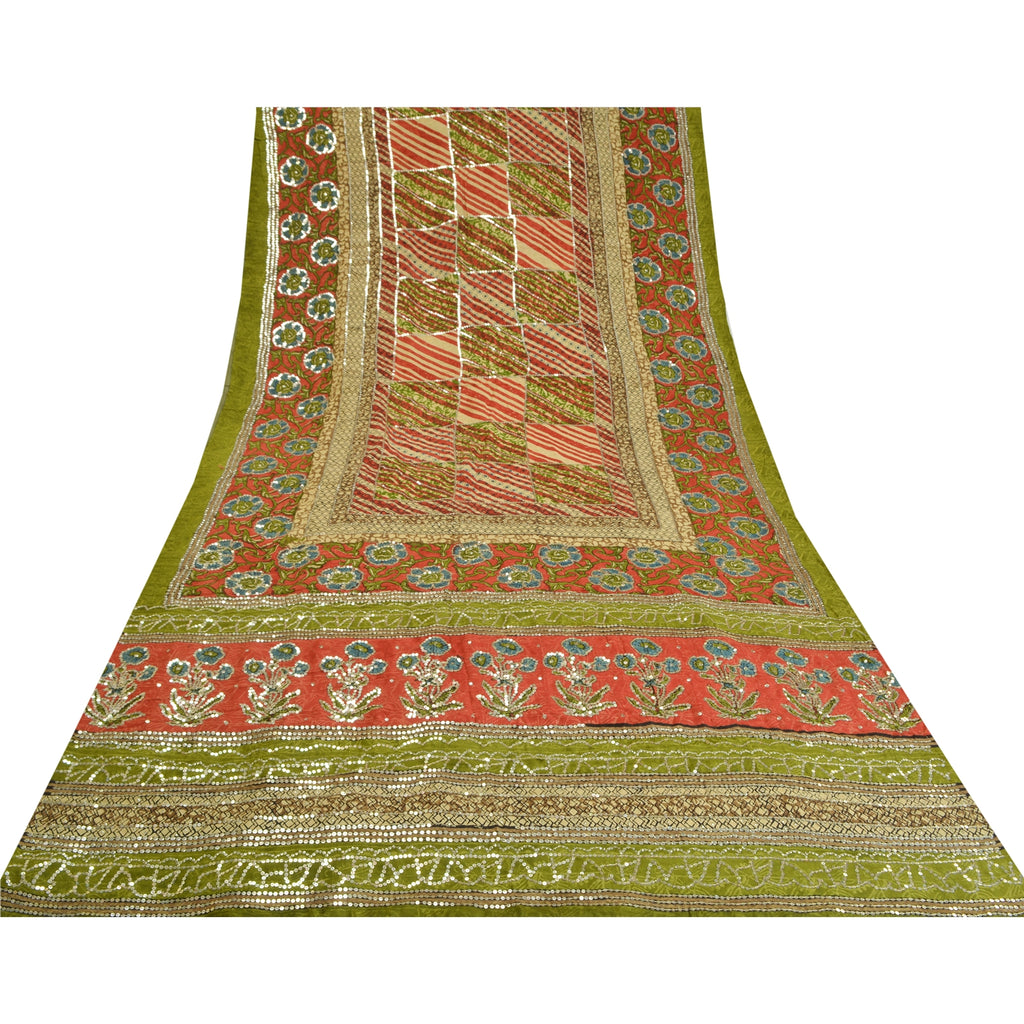 Sanskriti Vintage Sarees Red/Green Hand Beaded Pure Crepe Silk Print Sari Sustainable Fabric