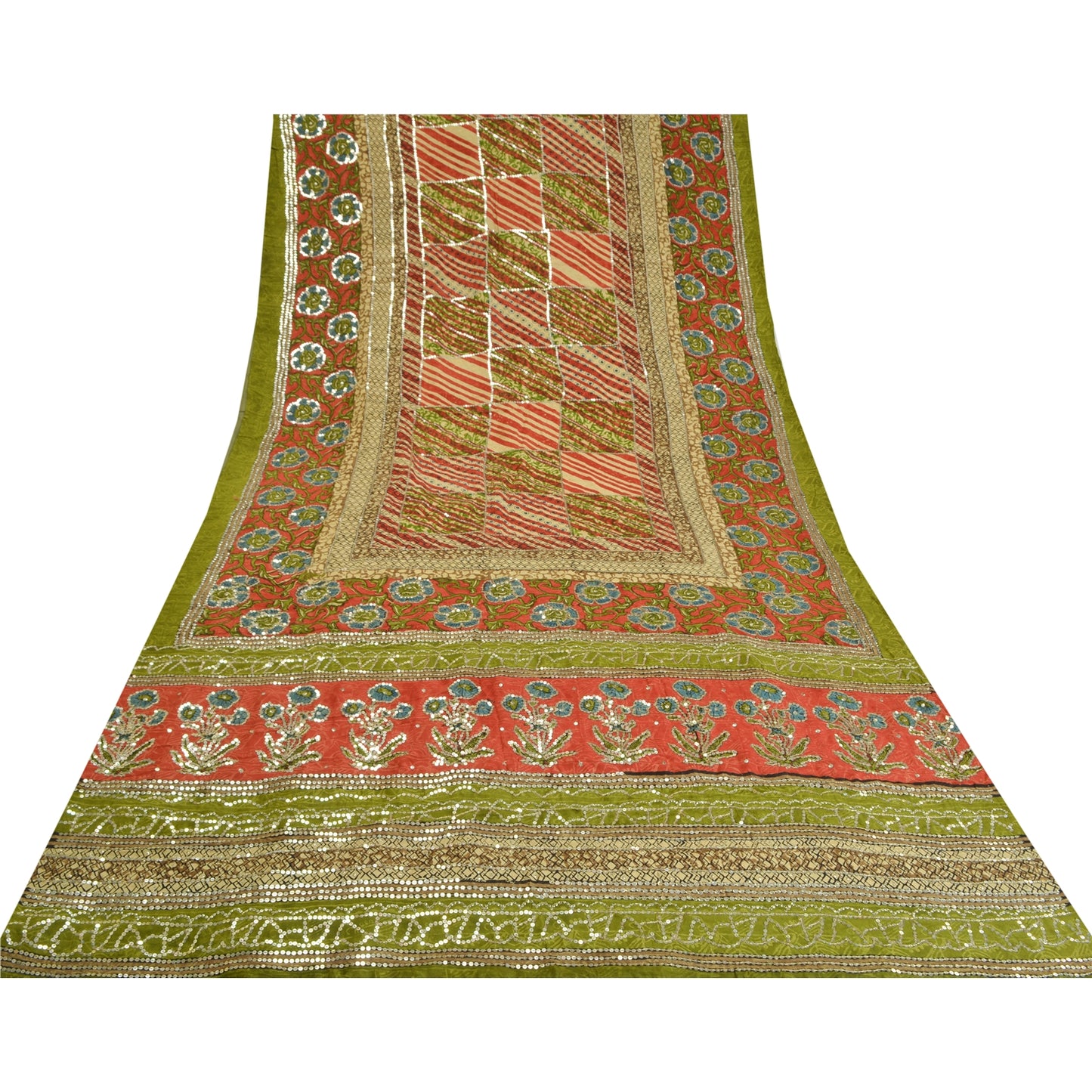 Sanskriti Vintage Sarees Red/Green Hand Beaded Pure Crepe Silk Print Sari Sustainable Fabric