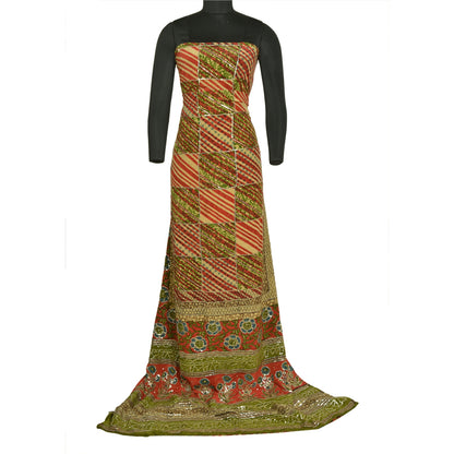 Sanskriti Vintage Sarees Red/Green Hand Beaded Pure Crepe Silk Print Sari Sustainable Fabric