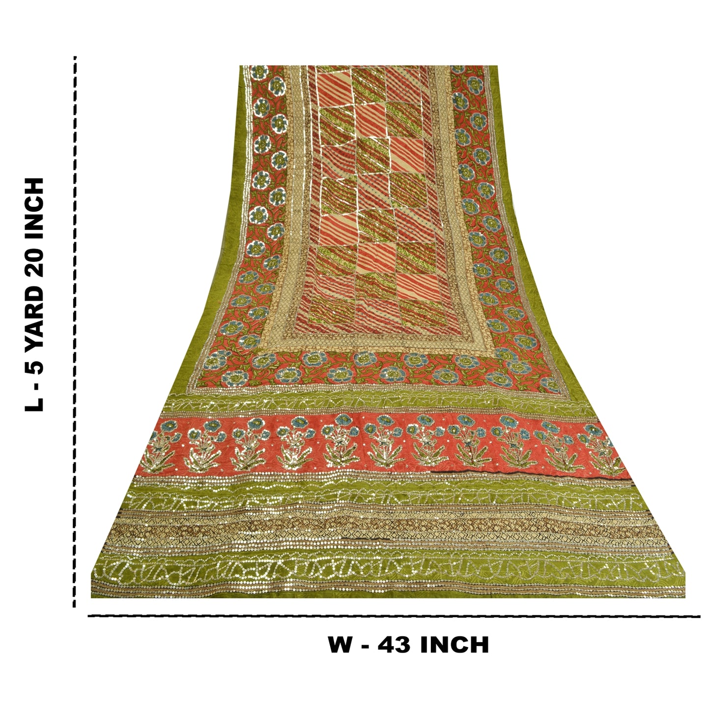 Sanskriti Vintage Sarees Red/Green Hand Beaded Pure Crepe Silk Print Sari Sustainable Fabric