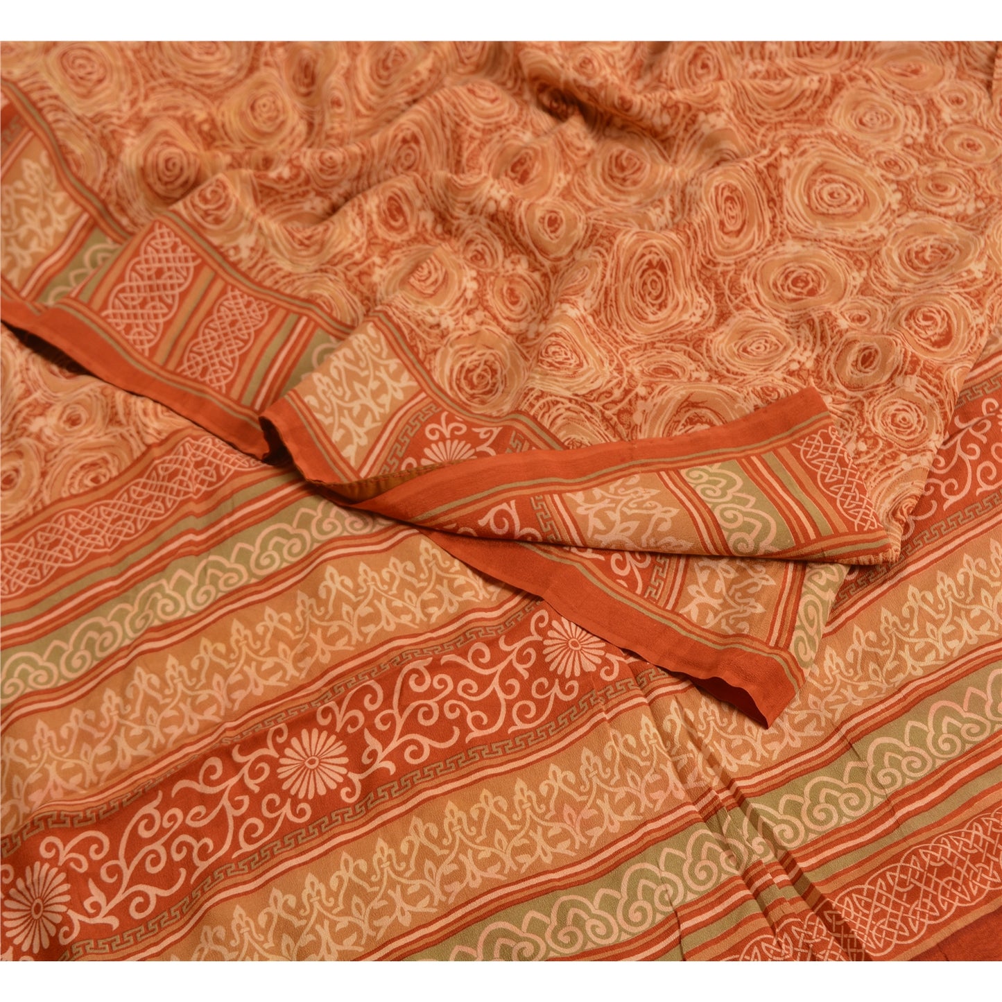 Sanskriti Vintage Sarees Indian Brown Pure Crepe Silk Printed Sari Craft Sustainable Fabric