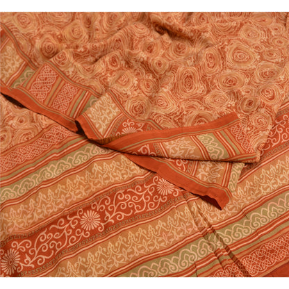 Sanskriti Vintage Sarees Indian Brown Pure Crepe Silk Printed Sari Craft Sustainable Fabric