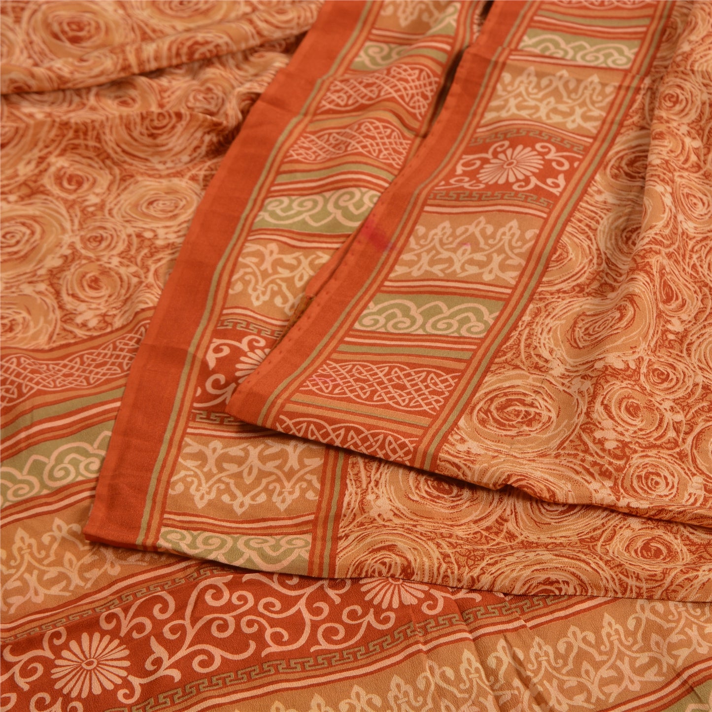 Sanskriti Vintage Sarees Indian Brown Pure Crepe Silk Printed Sari Craft Sustainable Fabric