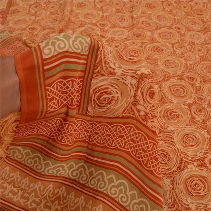 Sanskriti Vintage Sarees Indian Brown Pure Crepe Silk Printed Sari Craft Sustainable Fabric