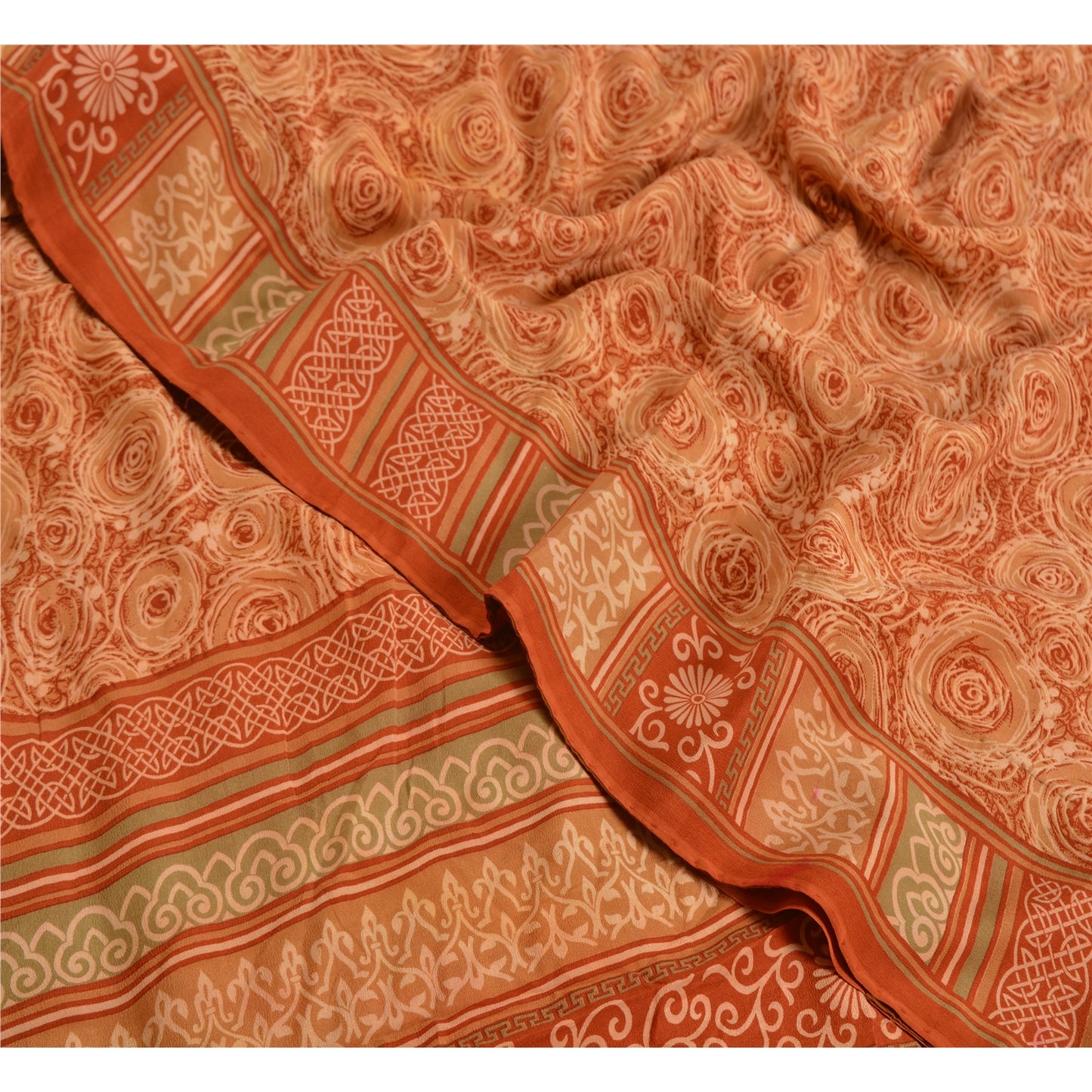 Sanskriti Vintage Sarees Indian Brown Pure Crepe Silk Printed Sari Craft Sustainable Fabric