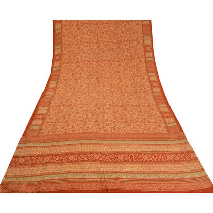Sanskriti Vintage Sarees Indian Brown Pure Crepe Silk Printed Sari Craft Sustainable Fabric