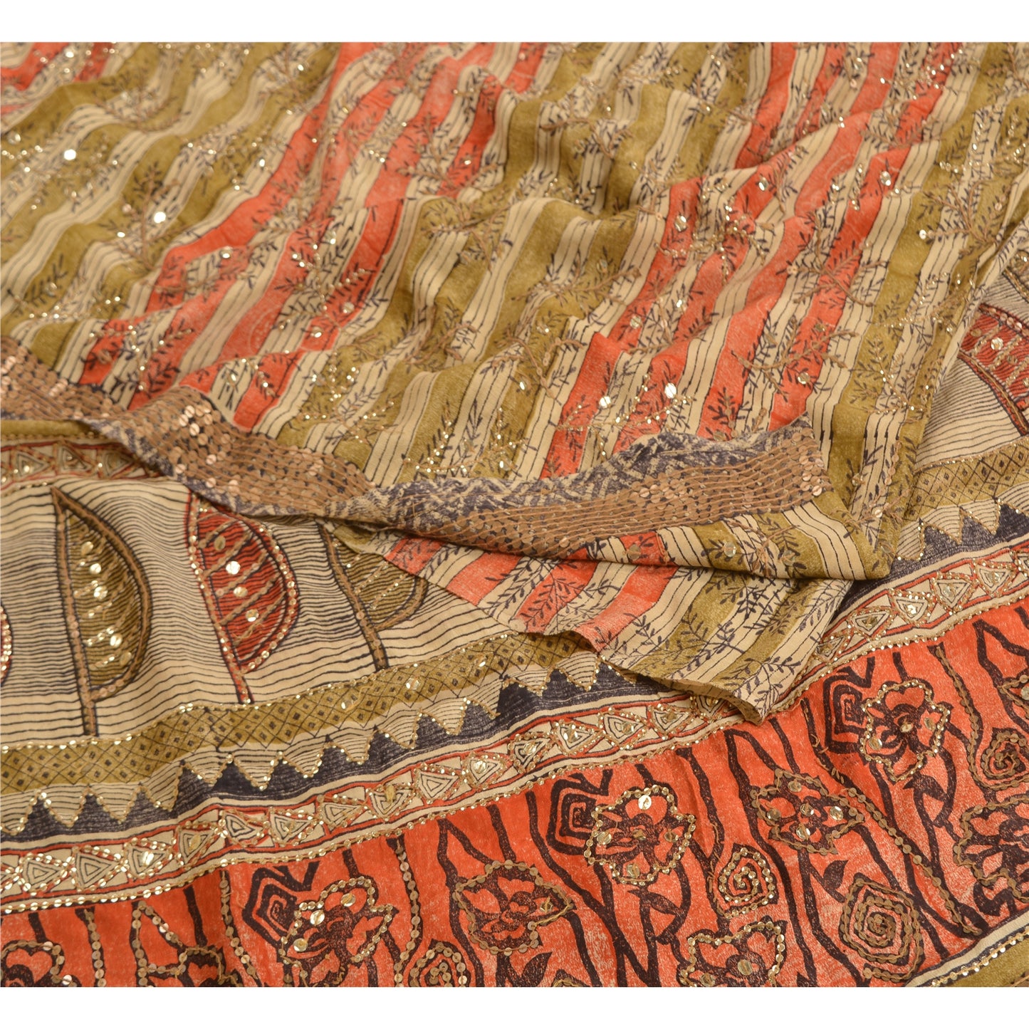 Санскритские винтажные сари из натурального чистого крепа с бисером ручной работы, сари из экологически чистой ткани