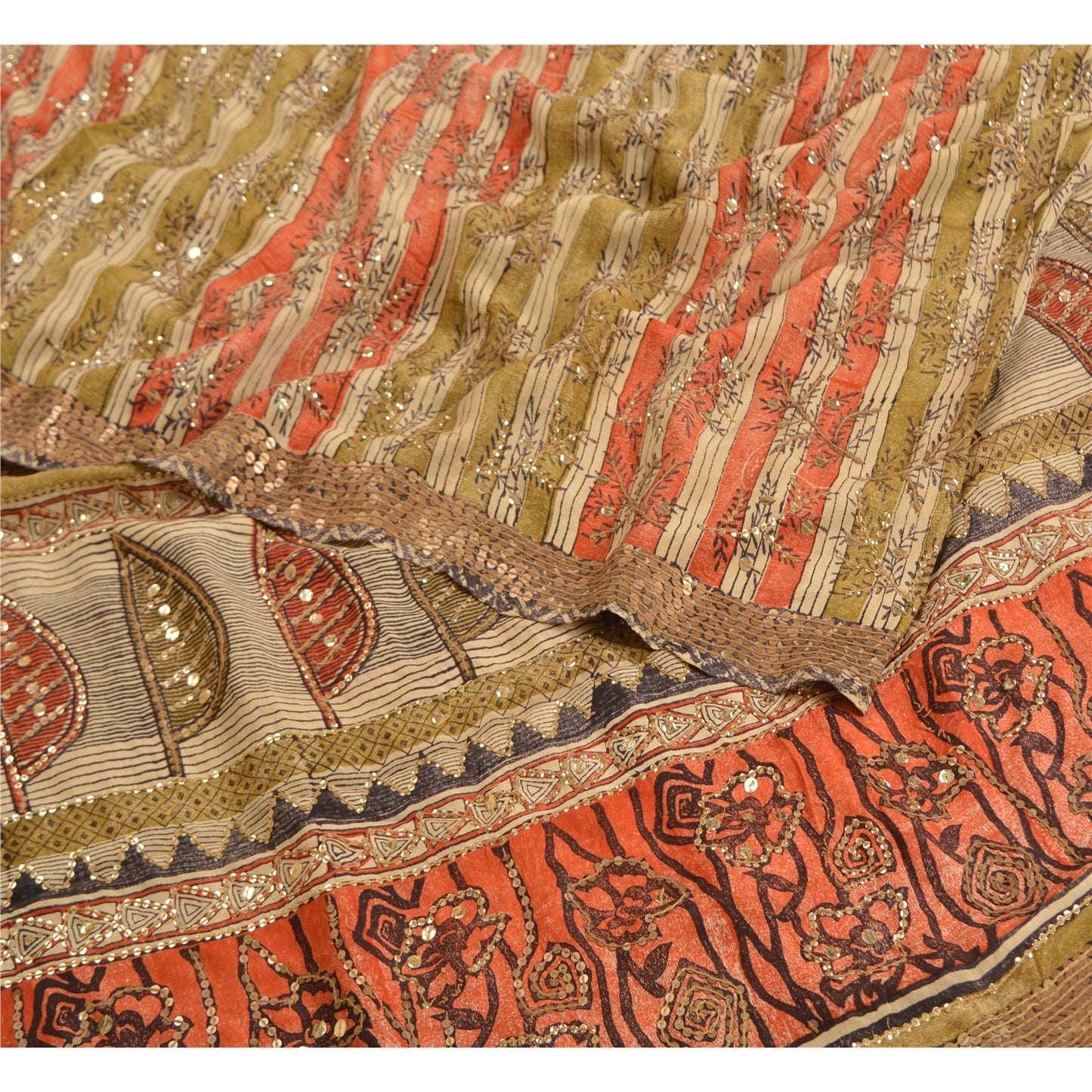 Санскритские винтажные сари из натурального чистого крепа с бисером ручной работы, сари из экологически чистой ткани