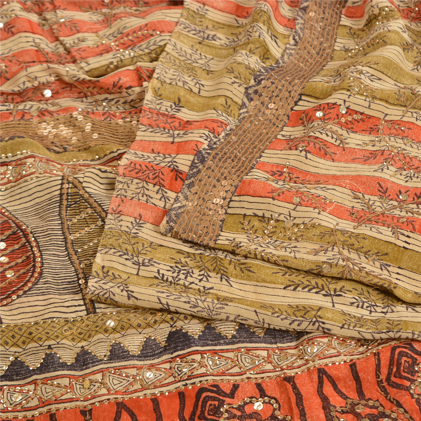 Санскритские винтажные сари из натурального чистого крепа с бисером ручной работы, сари из экологически чистой ткани