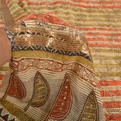 Санскритские винтажные сари из натурального чистого крепа с бисером ручной работы, сари из экологически чистой ткани