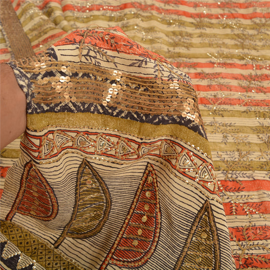Sanskriti Vintage Sarees Multi Hand Beaded Pure Crepe Printed Sari Craft Sustainable Fabric