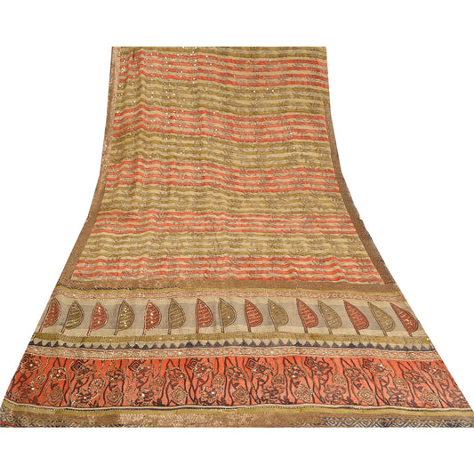 Sanskriti Vintage Sarees Multi Hand Beaded Pure Crepe Printed Sari Craft Sustainable Fabric