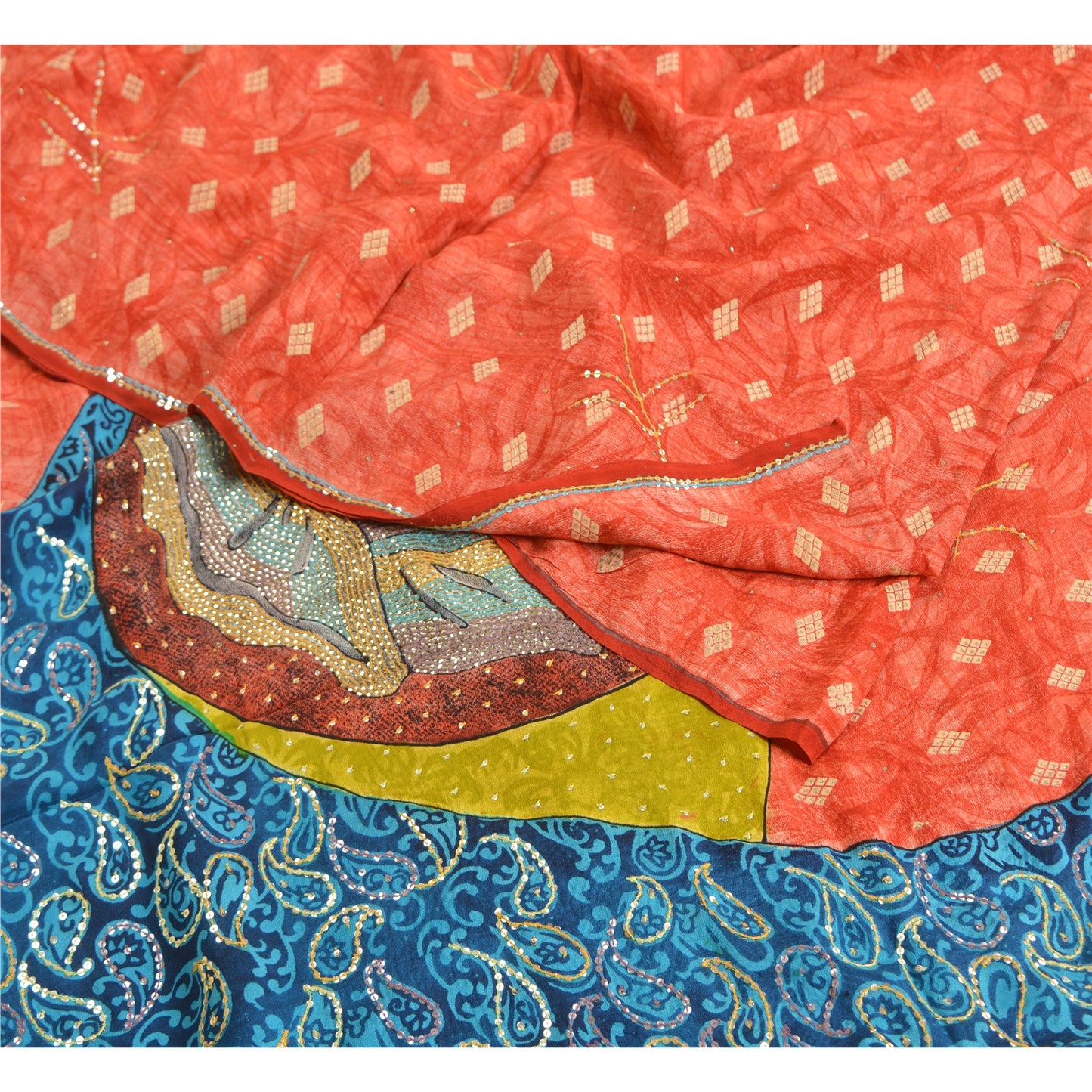 Sanskriti Vintage Sarees Red Hand Beaded Pure Crepe Silk Sari 5yd Craft Sustainable Fabric