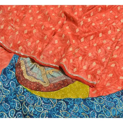 Sanskriti Vintage Sarees Red Hand Beaded Pure Crepe Silk Sari 5yd Craft Sustainable Fabric