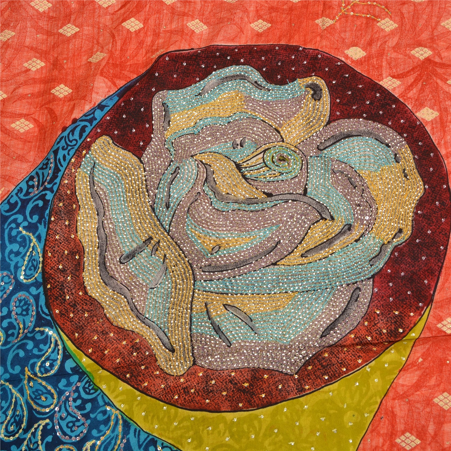 Sanskriti Vintage Sarees Red Hand Beaded Pure Crepe Silk Sari 5yd Craft Sustainable Fabric