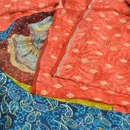 Sanskriti Vintage Sarees Red Hand Beaded Pure Crepe Silk Sari 5yd Craft Sustainable Fabric