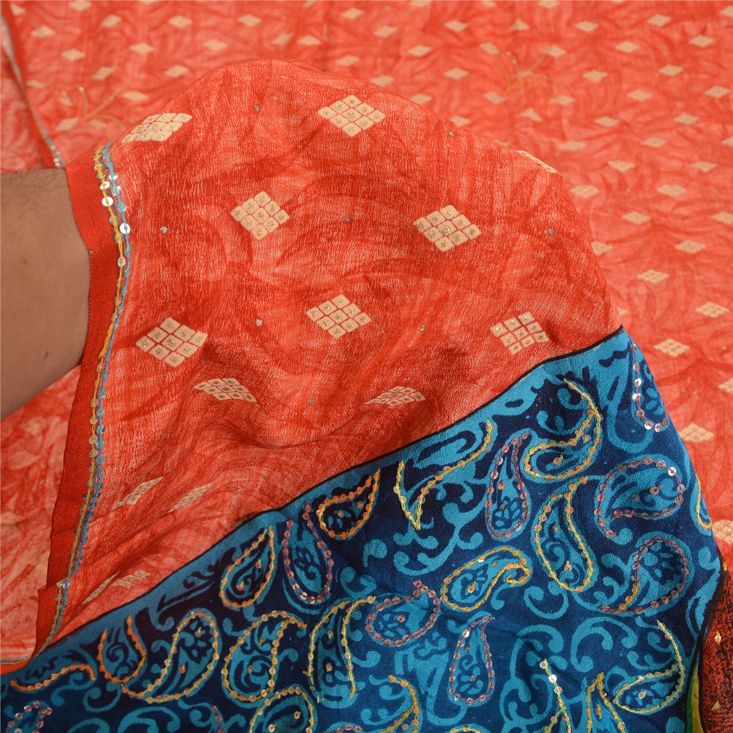 Sanskriti Vintage Sarees Red Hand Beaded Pure Crepe Silk Sari 5yd Craft Sustainable Fabric