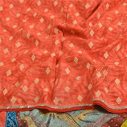 Sanskriti Vintage Sarees Red Hand Beaded Pure Crepe Silk Sari 5yd Craft Sustainable Fabric