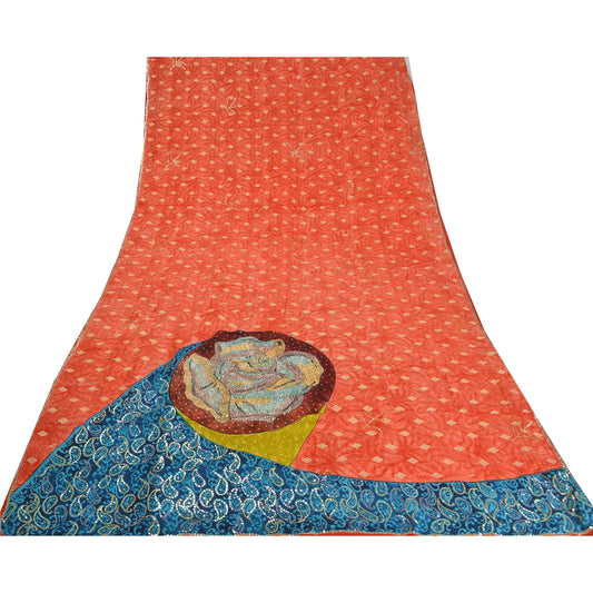 Sanskriti Vintage Sarees Red Hand Beaded Pure Crepe Silk Sari 5yd Craft Sustainable Fabric