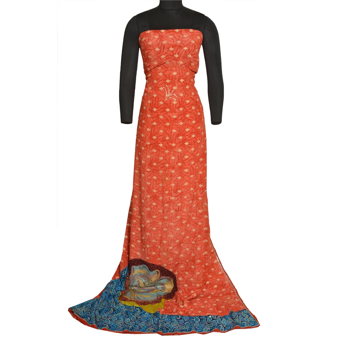 Sanskriti Vintage Sarees Red Hand Beaded Pure Crepe Silk Sari 5yd Craft Sustainable Fabric