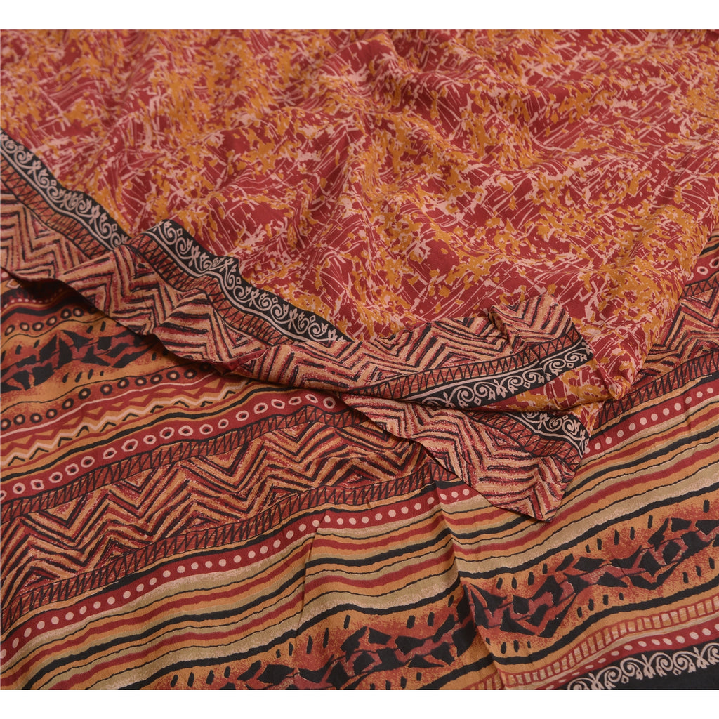 Sanskriti Vintage Sarees Rød/Gul Ren Crepe Silke Trykt Sari Håndværk Bæredygtigt Stoff
