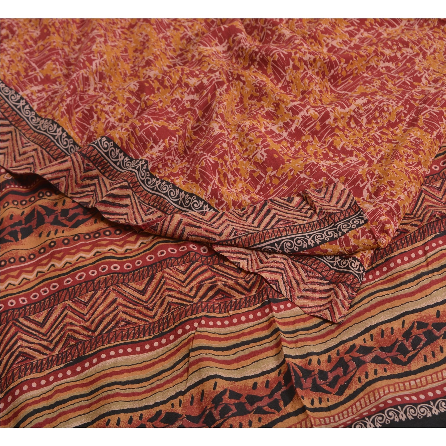 Sanskriti Vintage Sarees Rød/Gul Ren Crepe Silke Trykt Sari Håndværk Bæredygtigt Stoff