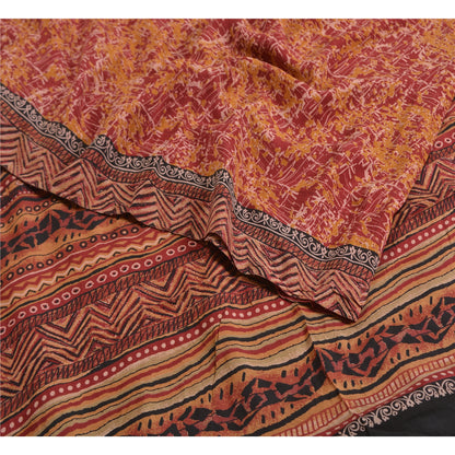 Sanskriti Vintage Sarees Rød/Gul Ren Crepe Silke Trykt Sari Håndværk Bæredygtigt Stoff