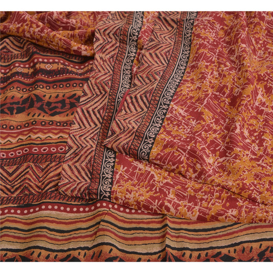 Sanskriti Vintage Sarees Red/Yellow Pure Crepe Silk Printed Sari Craft Sustainable Fabric