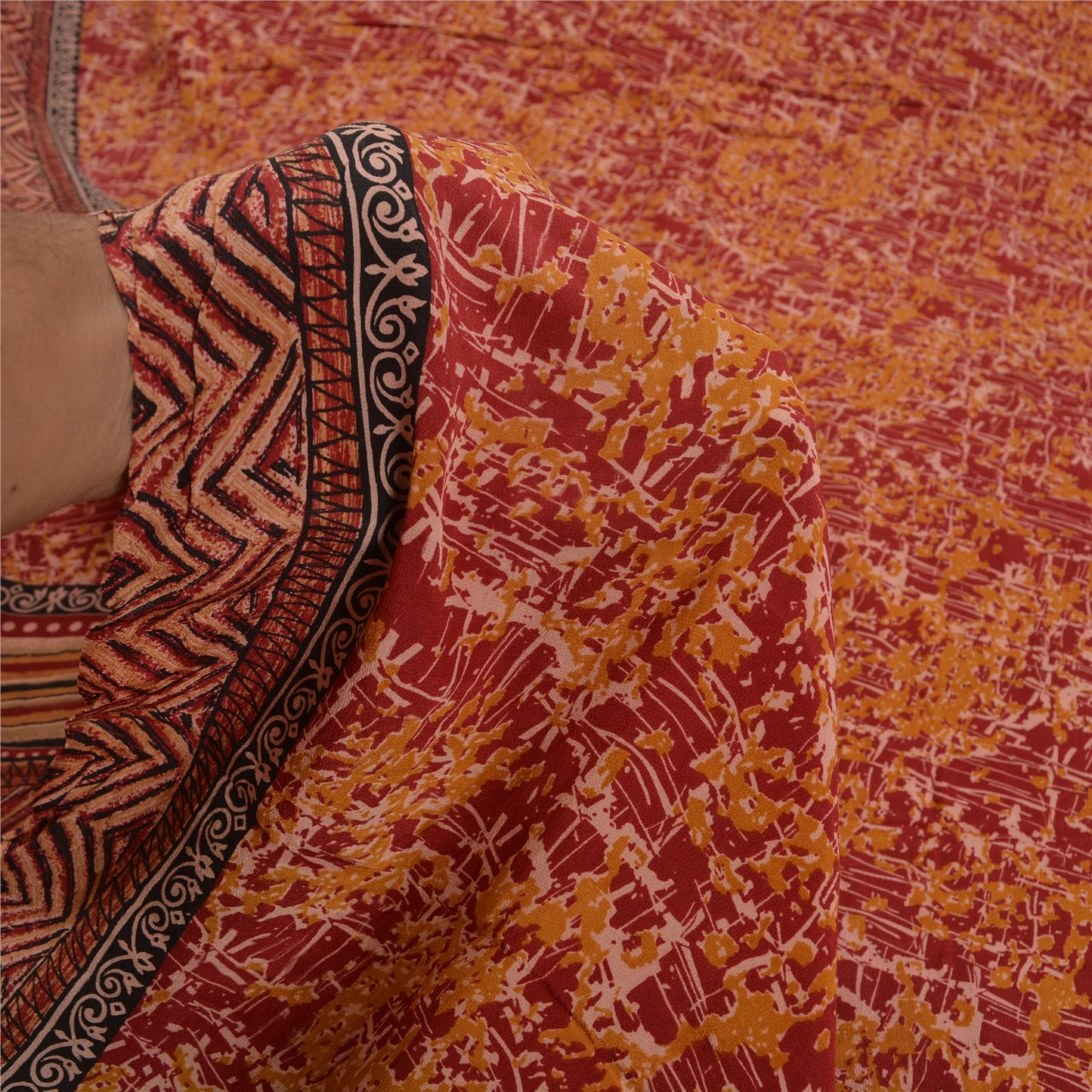 Sanskriti Vintage Sarees Rød/Gul Ren Crepe Silke Trykt Sari Håndværk Bæredygtigt Stoff