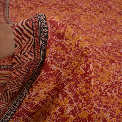 Sanskriti Vintage Sarees Rød/Gul Ren Crepe Silke Trykt Sari Håndværk Bæredygtigt Stoff