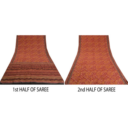 Sanskriti Vintage Sarees Rød/Gul Ren Crepe Silke Trykt Sari Håndværk Bæredygtigt Stoff