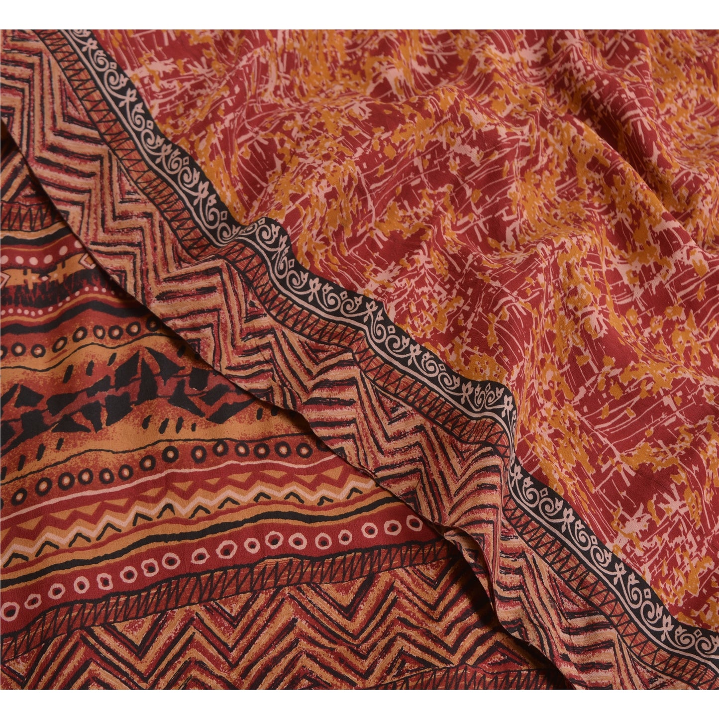 Sanskriti Vintage Sarees Rød/Gul Ren Crepe Silke Trykt Sari Håndværk Bæredygtigt Stoff