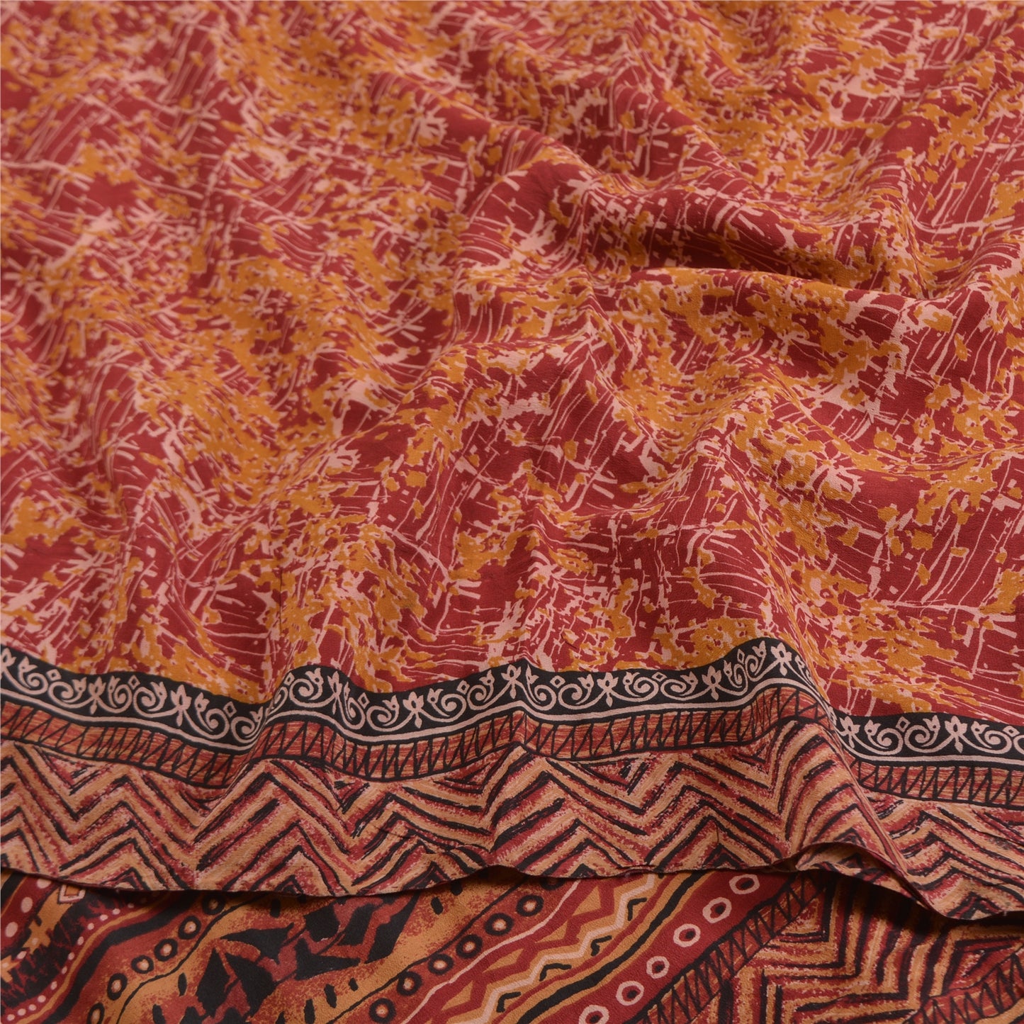 Sanskriti Vintage Sarees Rød/Gul Ren Crepe Silke Trykt Sari Håndværk Bæredygtigt Stoff