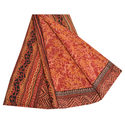 Sanskriti Vintage Sarees Rød/Gul Ren Crepe Silke Trykt Sari Håndværk Bæredygtigt Stoff