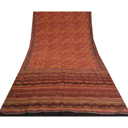 Sanskriti Vintage Sarees Rød/Gul Ren Crepe Silke Trykt Sari Håndværk Bæredygtigt Stoff