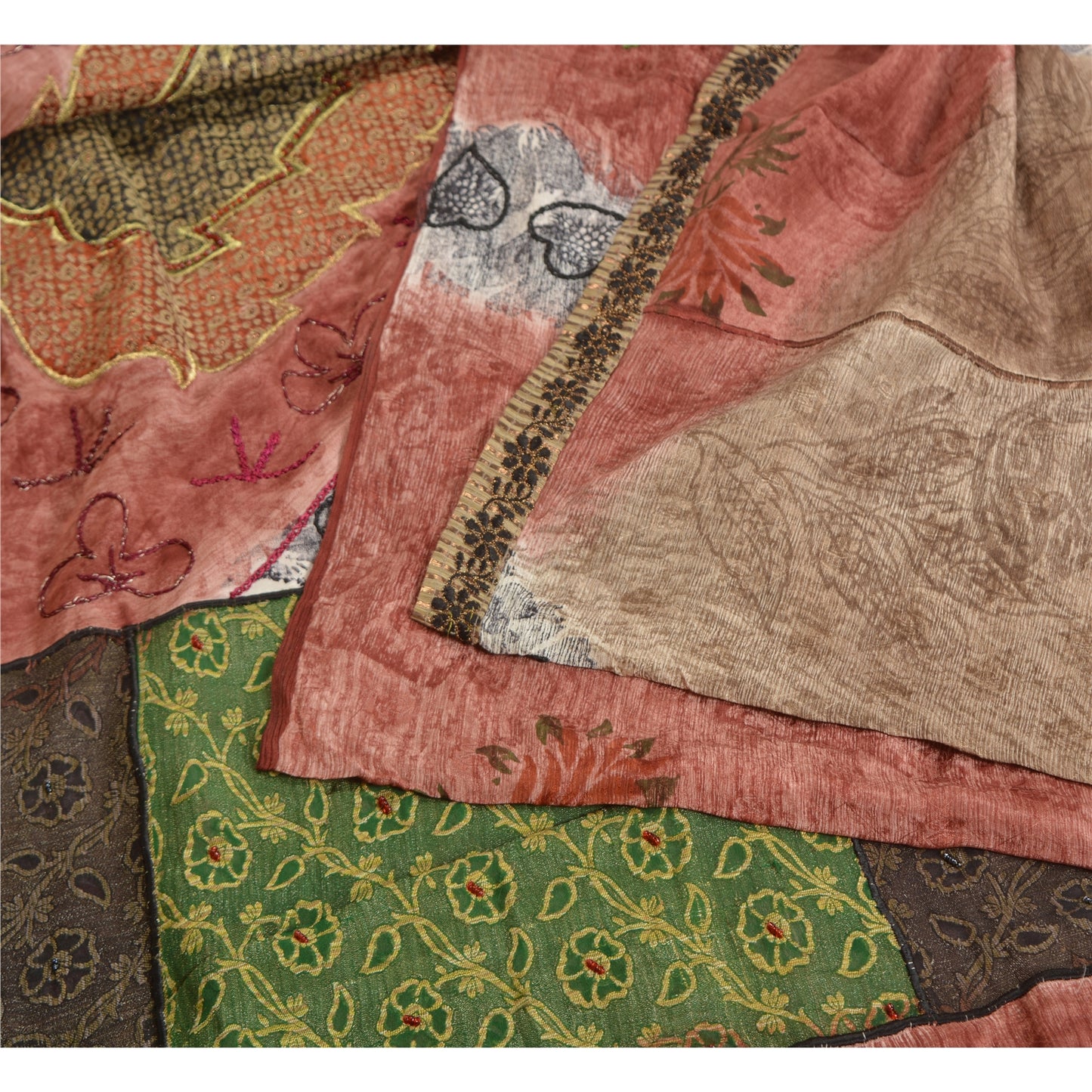 Sanskriti Vintage Sarees Hand Beaded Printed Woven Pure Crepe Sari Craft Sustainable Fabric