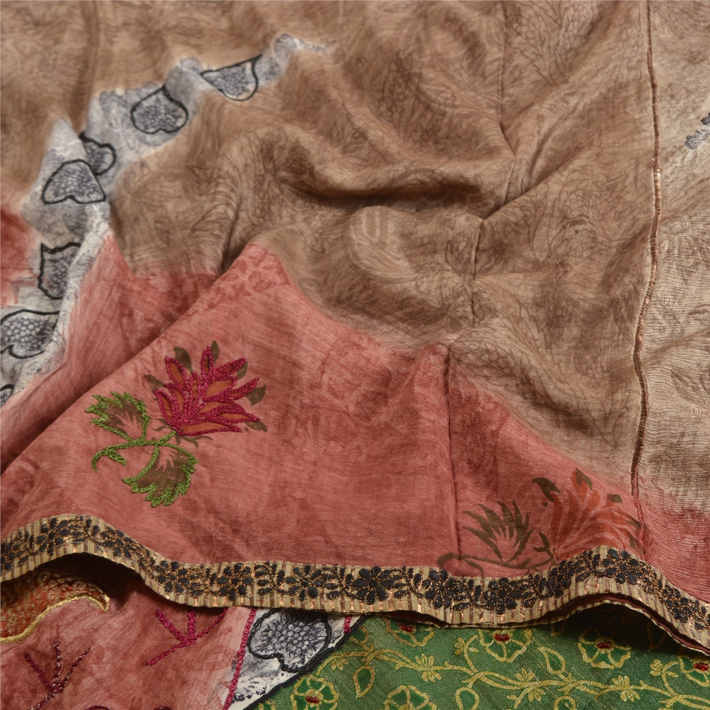 Sanskriti Vintage Sarees Hand Beaded Printed Woven Pure Crepe Sari Craft Sustainable Fabric