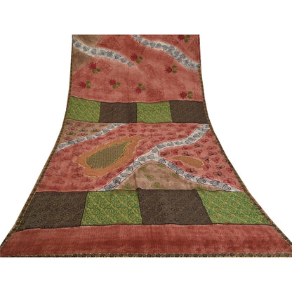 Sanskriti Vintage Sarees Hand Beaded Printed Woven Pure Crepe Sari Craft Sustainable Fabric