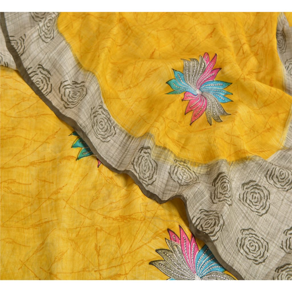 Sanskriti Vintage Sarees Gray/Yellow Pure Crepe Silk Printed Sari Craft Sustainable Fabric