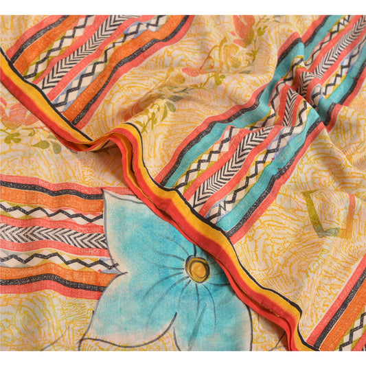 Sanskriti Vintage Sari 100% Pure Crepe Silk Sarees Multicolor Floral Printed 5yd Craft Fabric Recycled For Quilting Felting, Decor