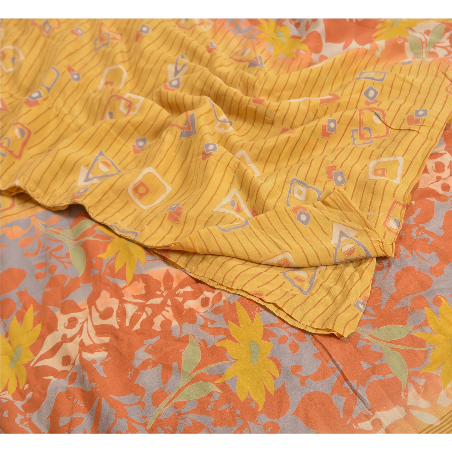 Sanskriti Vintage Sarees Indian Yellow Pure Crepe Silk Printed Sari Craft Sustainable Fabric